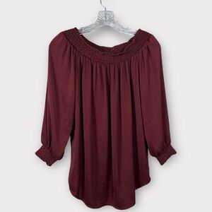 CAbi Copper Silky Off Shoulder Blouse with shirred hem, sz Sm